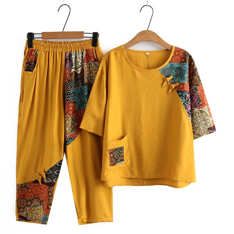 Ademende linnen zomerset voor dames Top en broek met korte mouwen Outfit Comfortabele katoenmix Loungekleding voor moeder oma