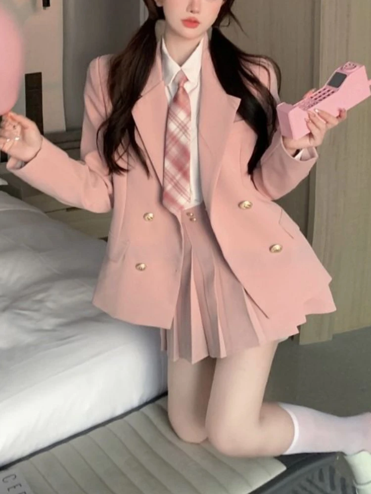 

Pink Sweet Jk Uniform 3 Piece Set Women College Style Kawaii Patchwork Suit Girl Elegant Coat + Pleated Skirt +solid Shirt Set