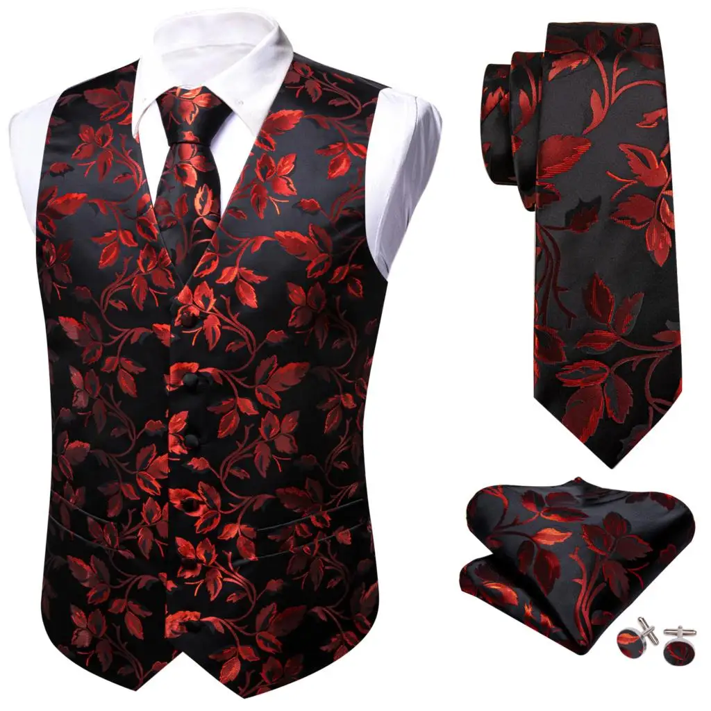 Elegant Silk Vest for Men Red Black Leaves Slim Fit Waistcoat Tie Hanky Cufflinks Set Wedding Business Formal Party Barry Wang