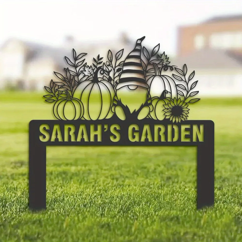 A Custom Personalized Gnome And Pumpkin Metal Garden Sign, a Custom Plaque for The Yard with Stakes, Outdoor Garden Decoration