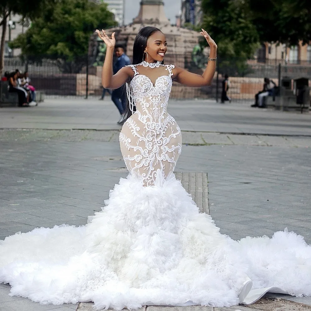 Femmes africaines sirène robes de mariée avec col haut Sexy vestidos de novia glands à plusieurs niveaux Tulle grande taille robe de mariée