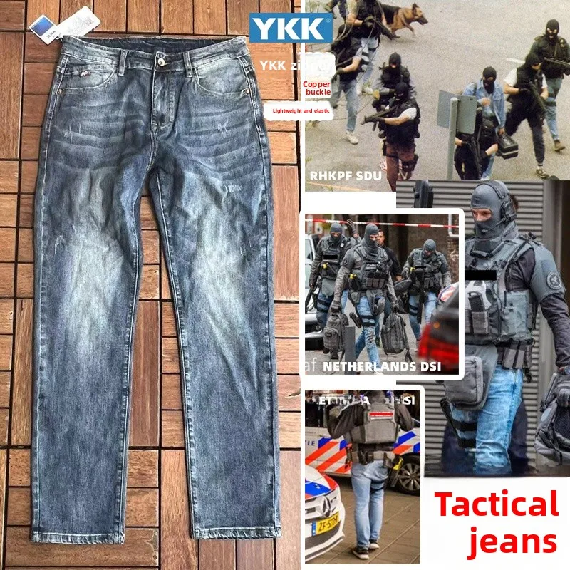 

Hong Kong Flng Tiger SDU Casual Tactical Jeans Light Blue Simple Low Profile ey Man Battle Sle Jeans for Teens