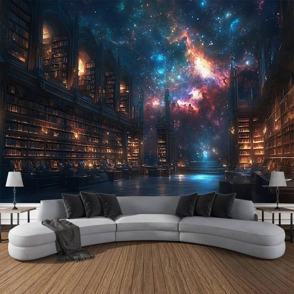 Dreamy Library Tapestry, Mysterious Tree Magic Bookshelf Aesthetic Tapestry Retro Art Room Bedroom Decoration Wall Hanging Cloth