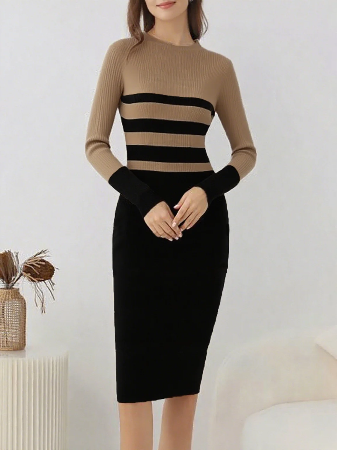 ITOOLIN Women Patchwork Streetwear Dress Long Sleeve Knit Office Lady Elegant Dress Striped Bodycon Dress Fall Holiday Vestido