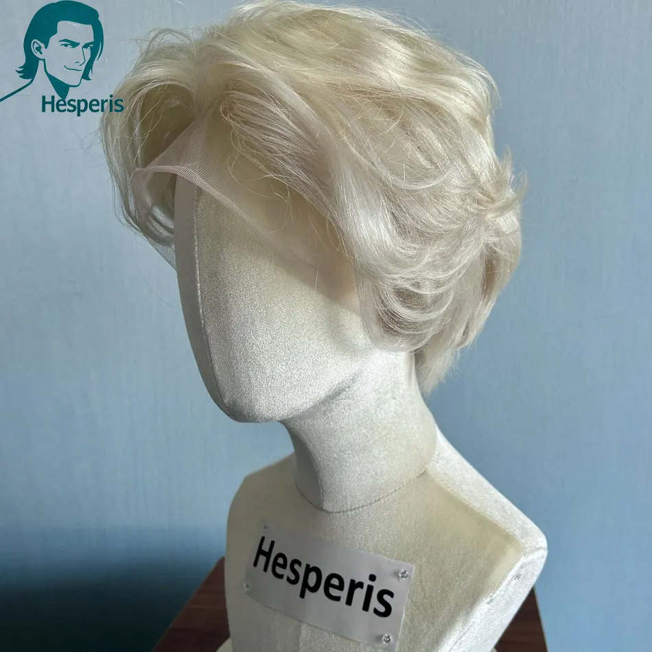 Hesperis platine Blonde coupe courte beaux hommes perruques de cheveux humains pré Style pleine dentelle perruques de mode pour hommes Cosplay perruques blondes
