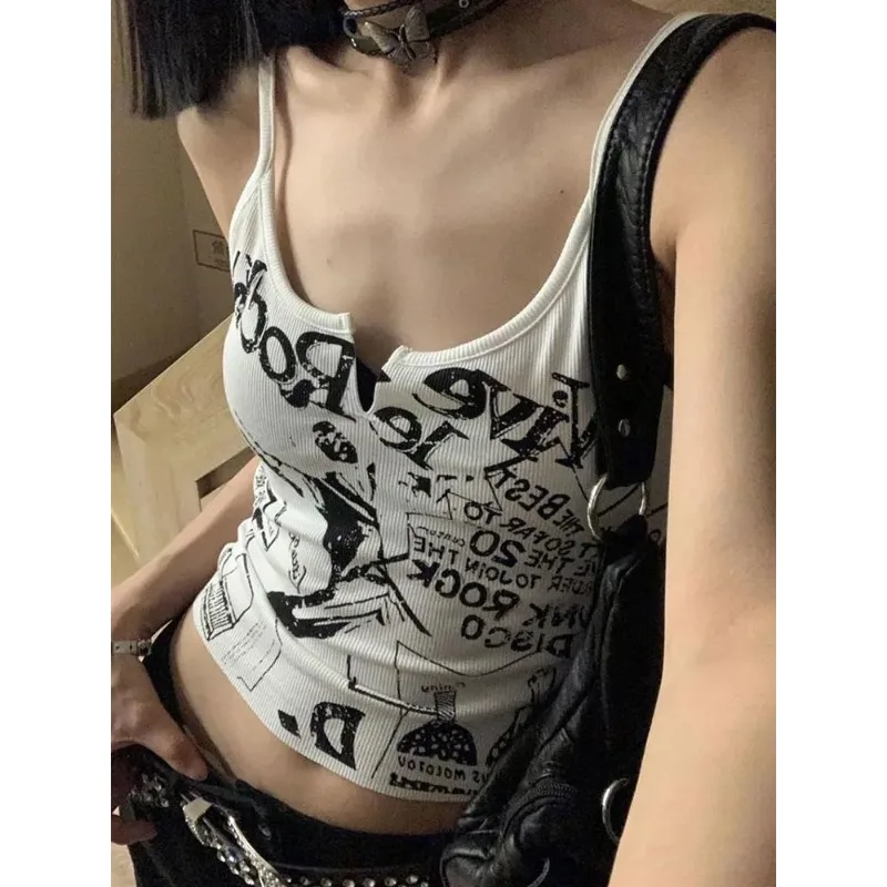 Y2K E-Girl Punk Print Sleeveless Ribbed Knit Tank Top For Women 2000s Crop Top Summer Fairy Grunge 90s Hippie Tee Korea Fashion