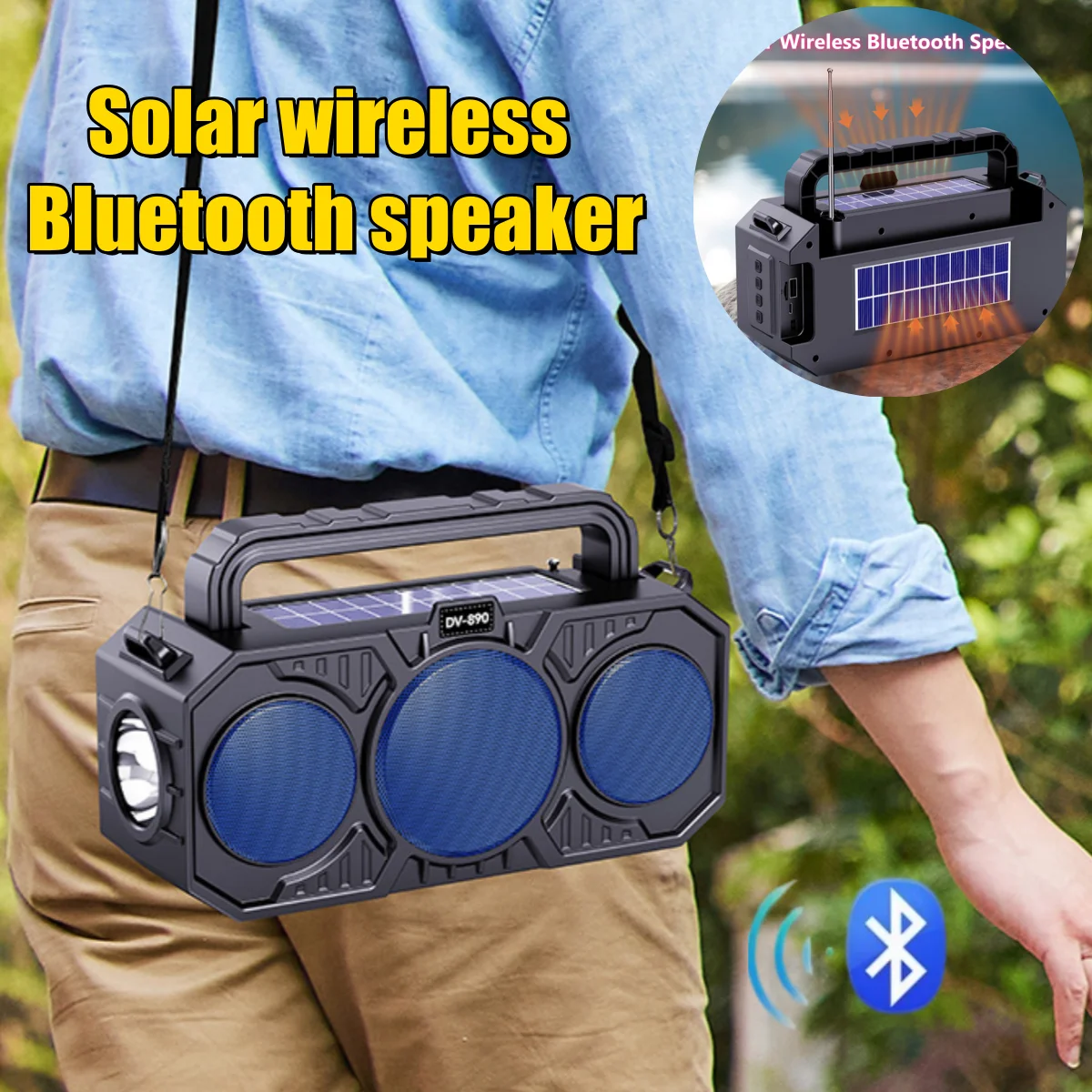 

Беспроводная Bluetooth-колонка с двойным солнечным зарядным устройством, фонариком, поддержкой TF/USB, аудиосистемой, FM-радио и MP3-плеером