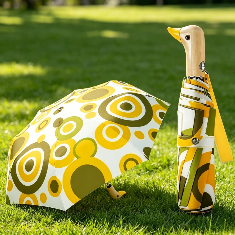 Auto Open Duck Umbrella 3 Fold Wood Handle Sun Protection Rain Shelter Cute Durable Folding Parasol for Women Travel 자동 우산
