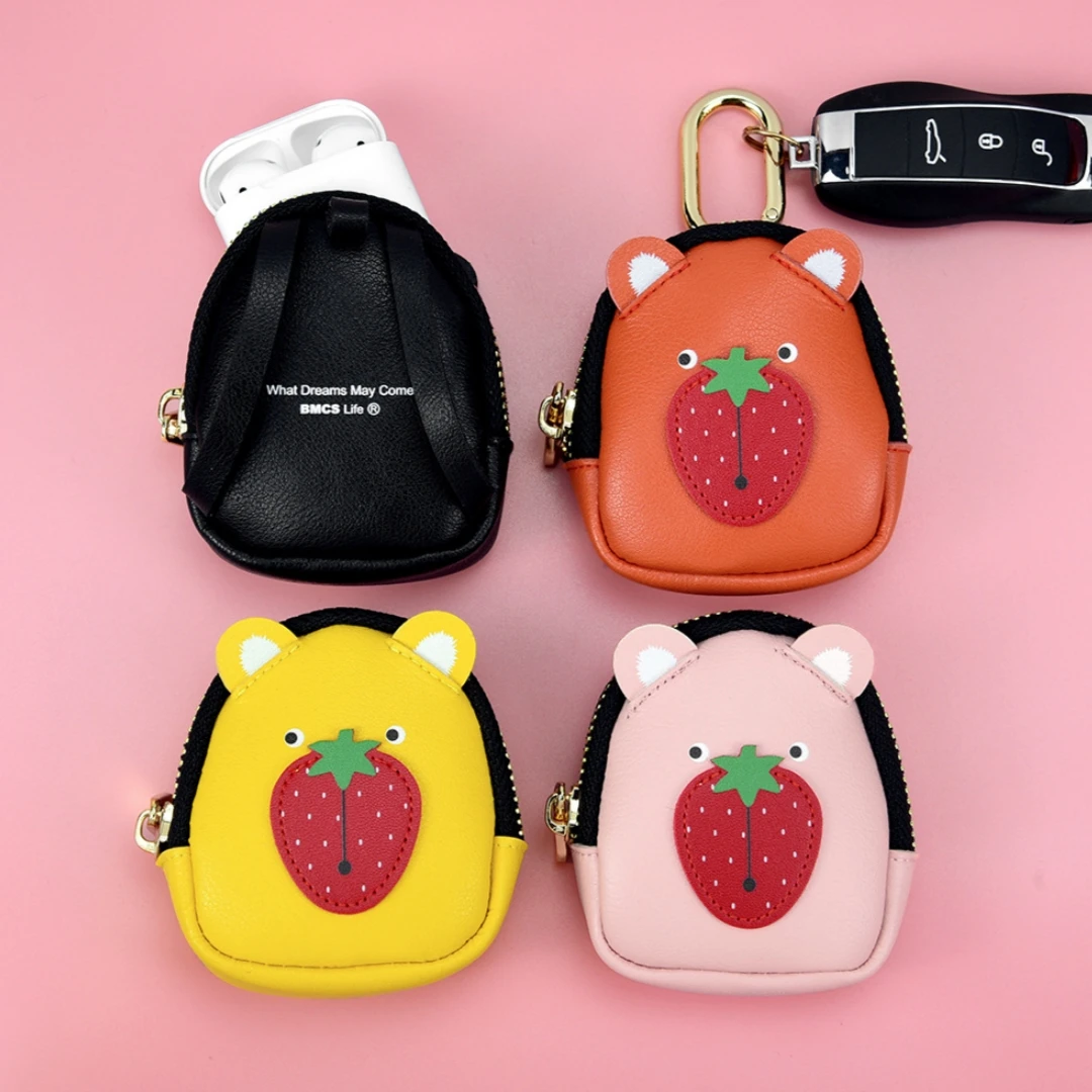 

Strawberry Bear Mini Wallet Creative Fashion Leather Bear Coin Purse Lipstick Key Storage Bag Mini Bag Children'S Birthday Gift