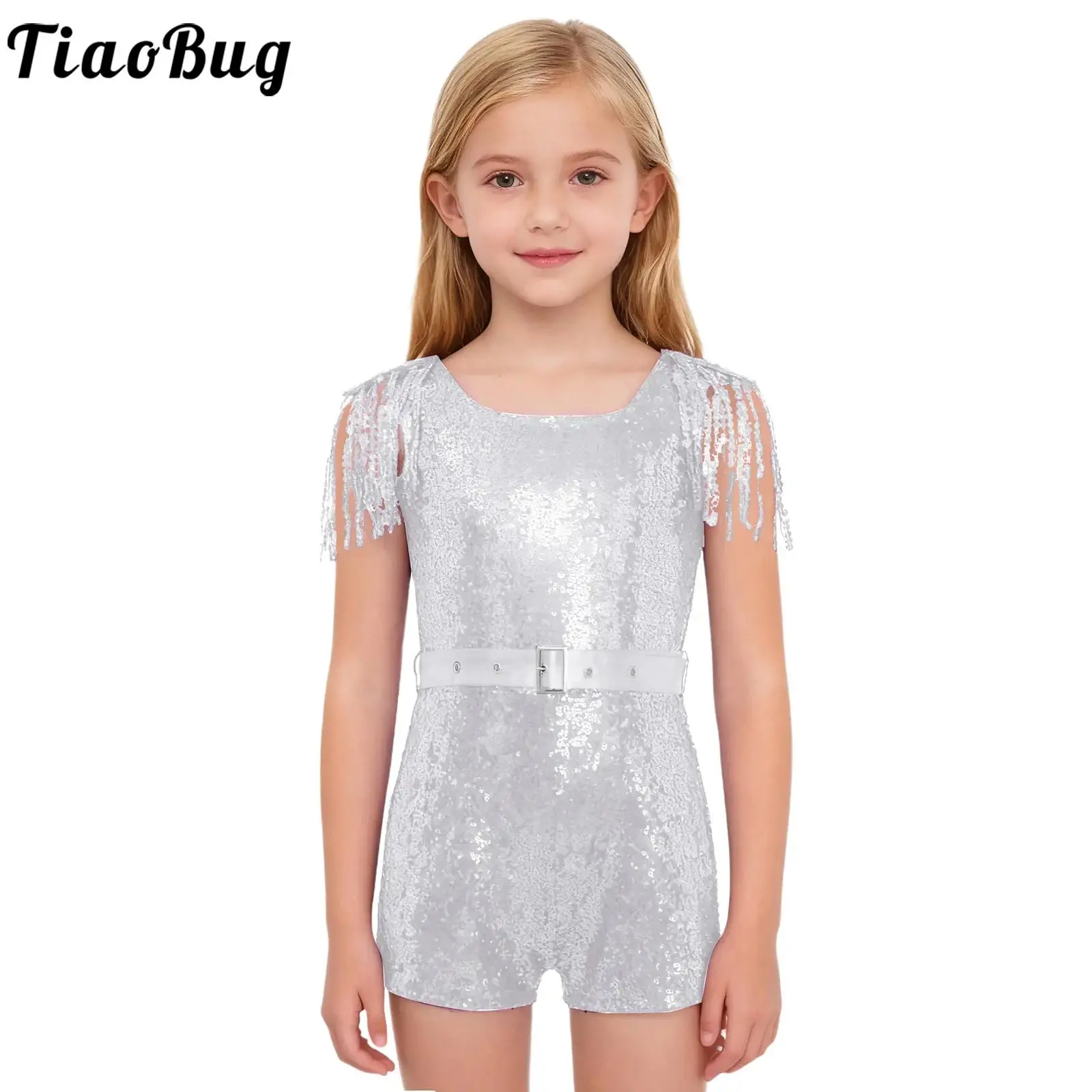 Kids Girls Sparkly Sequins Jazz Dance Rompers Tassels Sleeveless Bodysuit with Belt Birthday Wedding Party Pageant Prom Jumpsuit