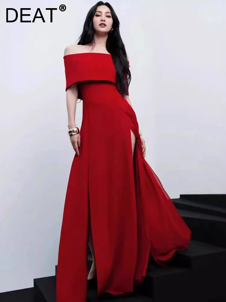 DEAT Elegant Dress Slash Neck High Split Solid Color Slim Waist Women\'s Evening Party Dresses 2024 Summer New Fashion 13DB5144