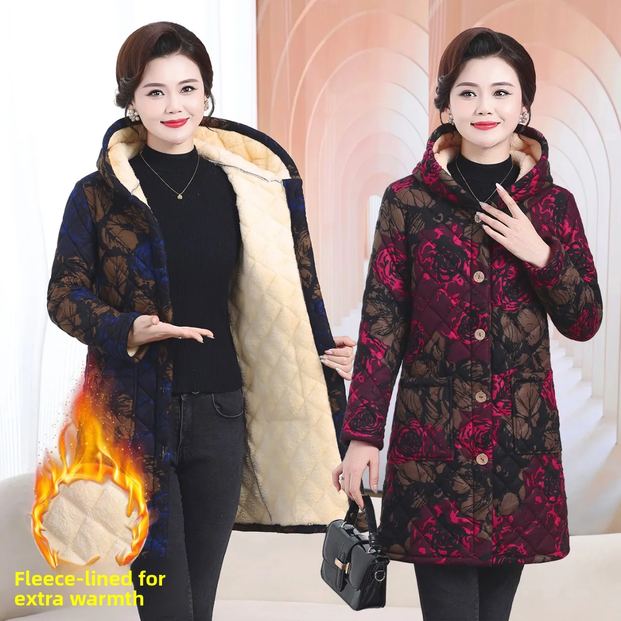 

Warm Fce Lined Oversized Cotton Jaet for Mom And andma Mid-Length Winter Coat Polyester Fiber Simple Commute Sle