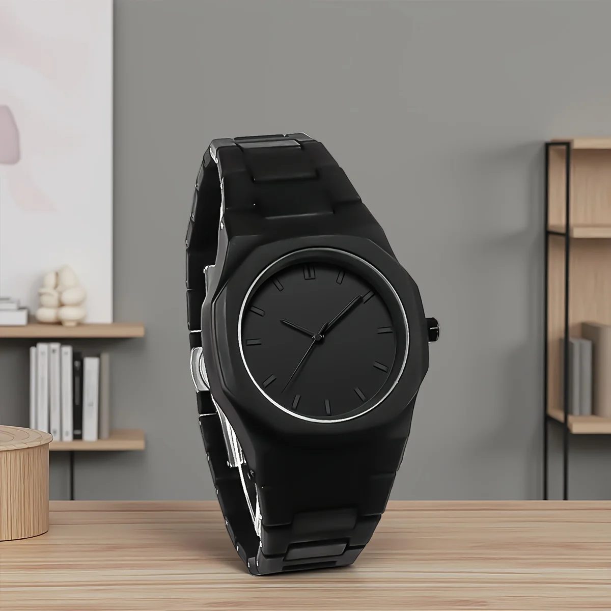 High-end All-Black Octagonal Wristwatch, Men's Business Casual Quartz Watch, Minimalist Versatile Steel Band Watch