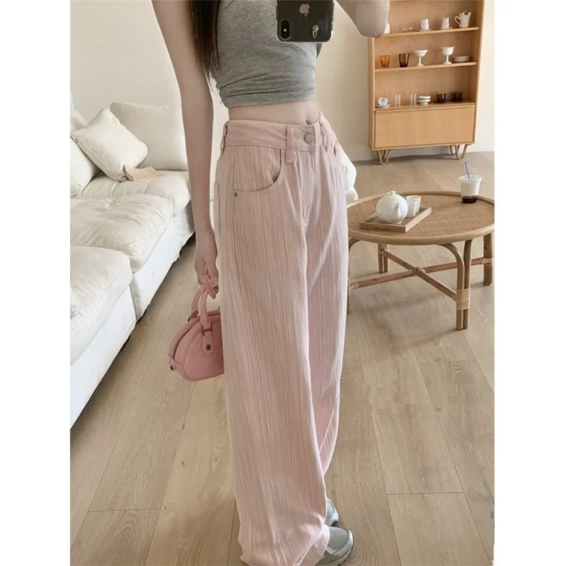 Textured Pink Striped Jeans for Women Summer Thin High-waisted Straight Wide-leg Pants Casual Long Pants