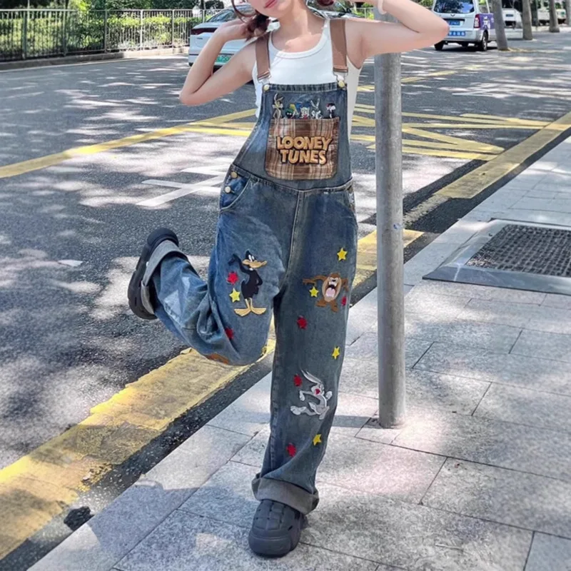 Disney Donald Duck Fashion Design American Denim Overalls Women's New Cute Cartoon Printed Lazy Style Loose Wide Leg Pants Jeans