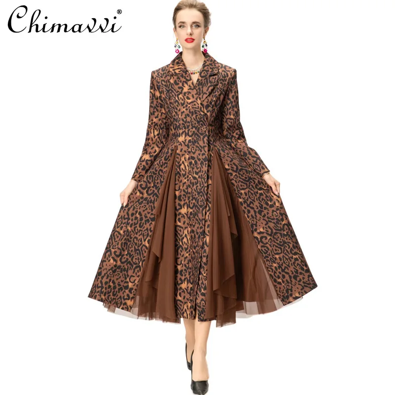 

Fashion Lapel Leopard Print Long Sleeve Double-Breasted Belted Wide Hem Trench Coat Autumn Winter New Long Sleeve Elegant Coat