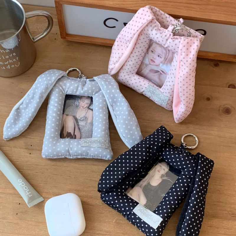 Cute Bunny Ears Transparent Card Pack Korean Style Polka Dot Print Kpop Photocard Holder Bag Pendant Keychain