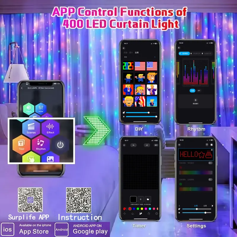 400LEDs luces de cortina inteligentes aplicación Bluetooth cadena LED RGB guirnaldas de luces DIY cambio de música pantalla para decoración de ventana dormitorio
