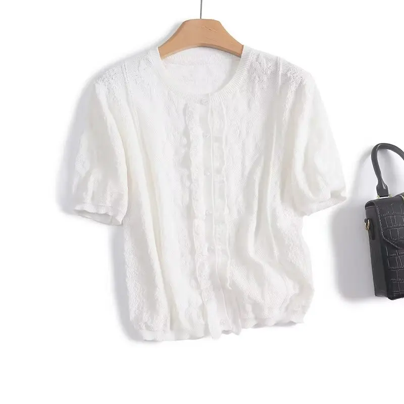 

White Jaquard Knitted Sweater Women Lace Round Neck Short Sleeve Single Breasted Cardigan Top 2025 New Summer Chic Casual Jumper