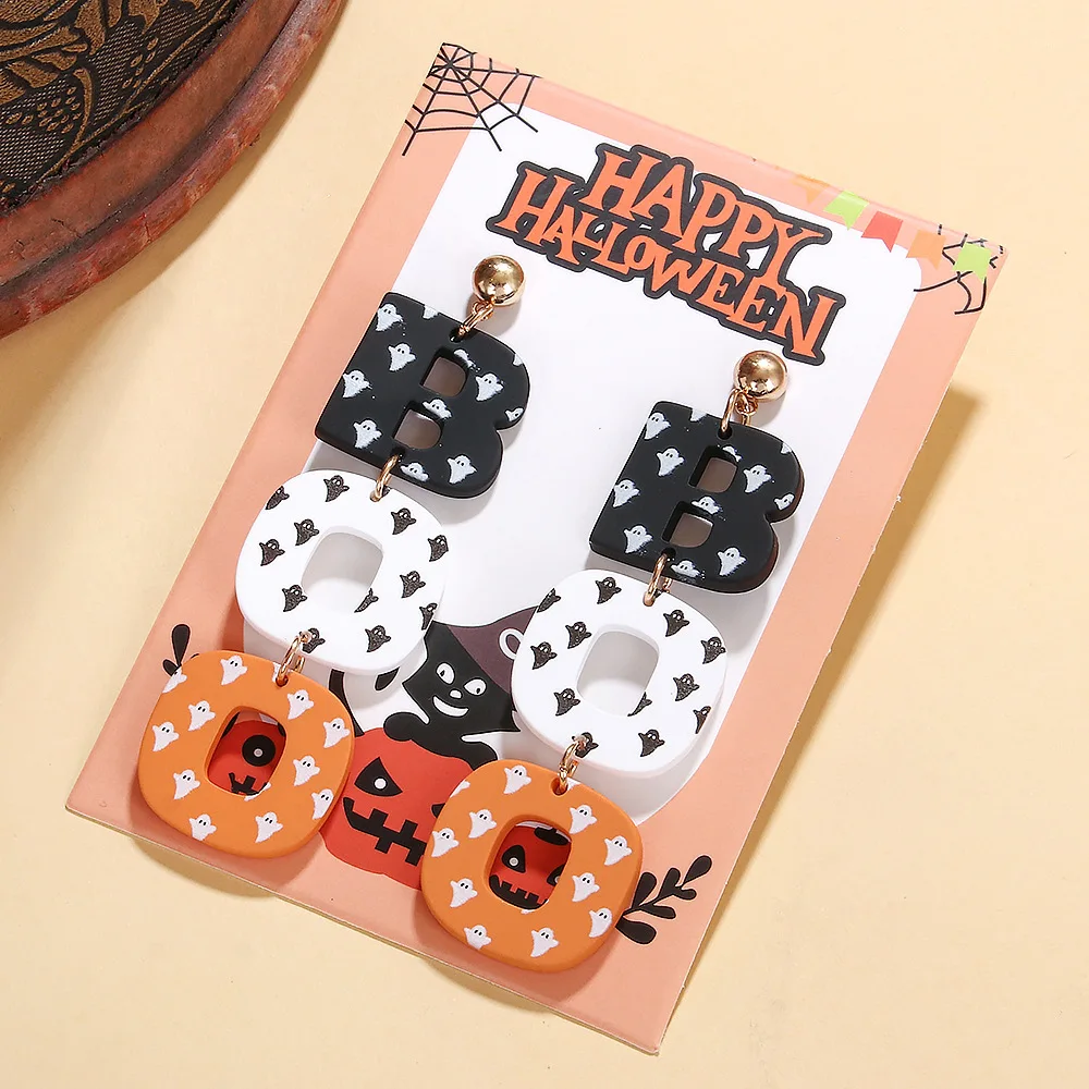 Halloween Earrings BOO Ghost for Women, Retro Simple Acrylic Drop Earrings Handmade Colorful Jewelry Holiday Festive Decorations