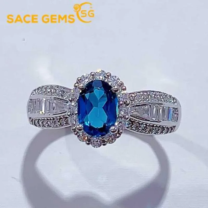 

SACE GEMS New 925 Sterling Silver 5*7MM Natual London Blue Topaz Rings for Women Engagement Cocktail Party Fine Jewelry Gift