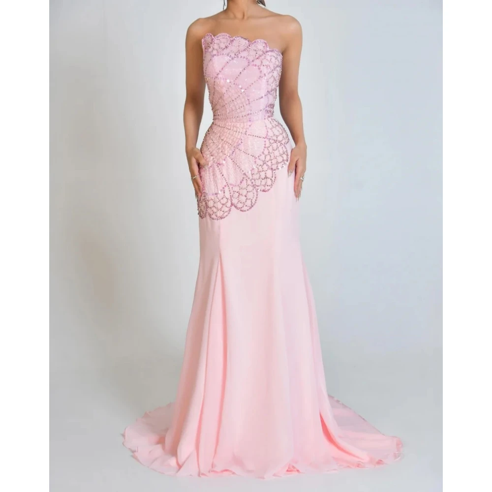 

Pink Prom Dress Customized Classic Chiffon Sequined Beading Mermaid Formal Party Dresses Draped Court Train Party Gowns