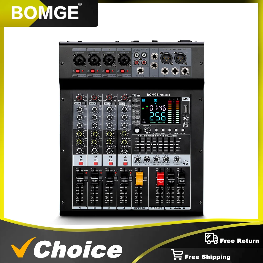 Professional Audio Mixer BOMGE PMX-402B 4-Channel DJ Mixer System Interface 256 Reverb Effects with Amplifier,Bluetooth Function