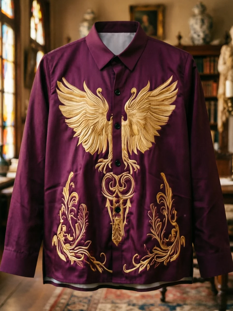 

Medieval palace luxury style men's long sleeved lapel shirt, digital print, casual and comfortable, fashionable dressing