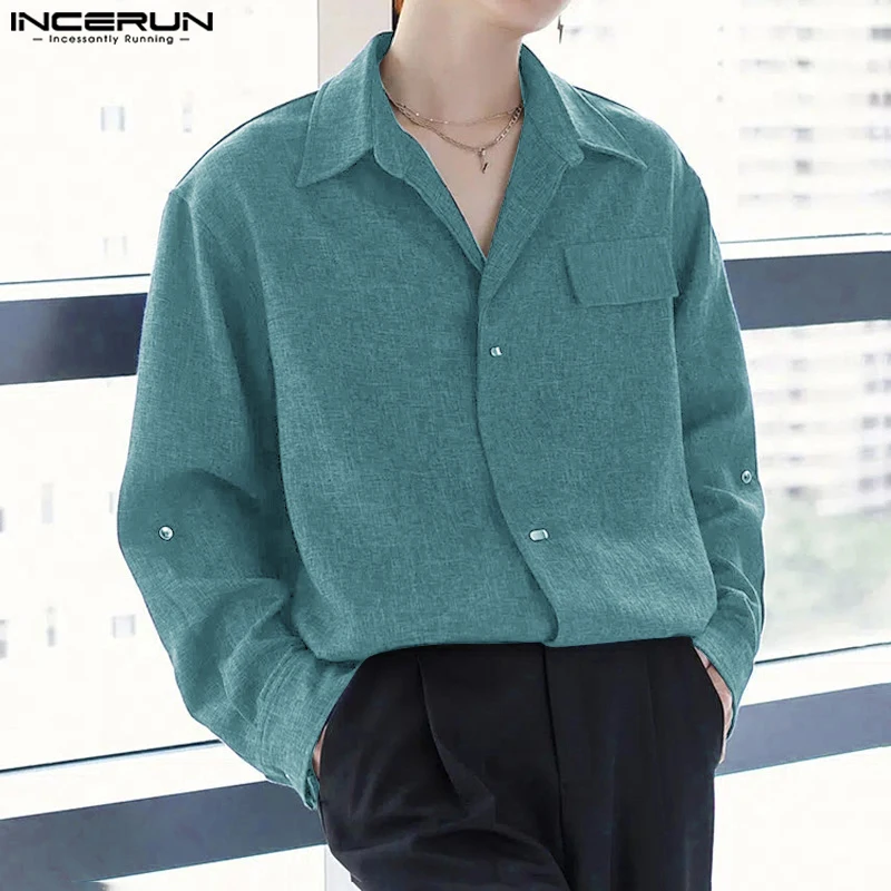 

2024 Men Casual Long Sleeve Shirts INCERUN Solid Color Turn Down Collar Tops Handsome Boy Harajuku Simple Well Fitting Clothes