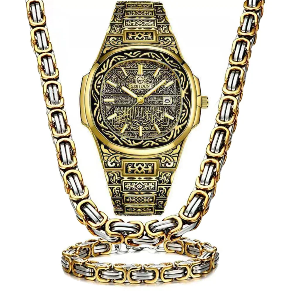 Necklace Watch Bracelet Never Fade Hip Hop Luxury Stainless Steel 8mm Imperial Chain Golden Wristwatch Men Jewelry Vintage Set