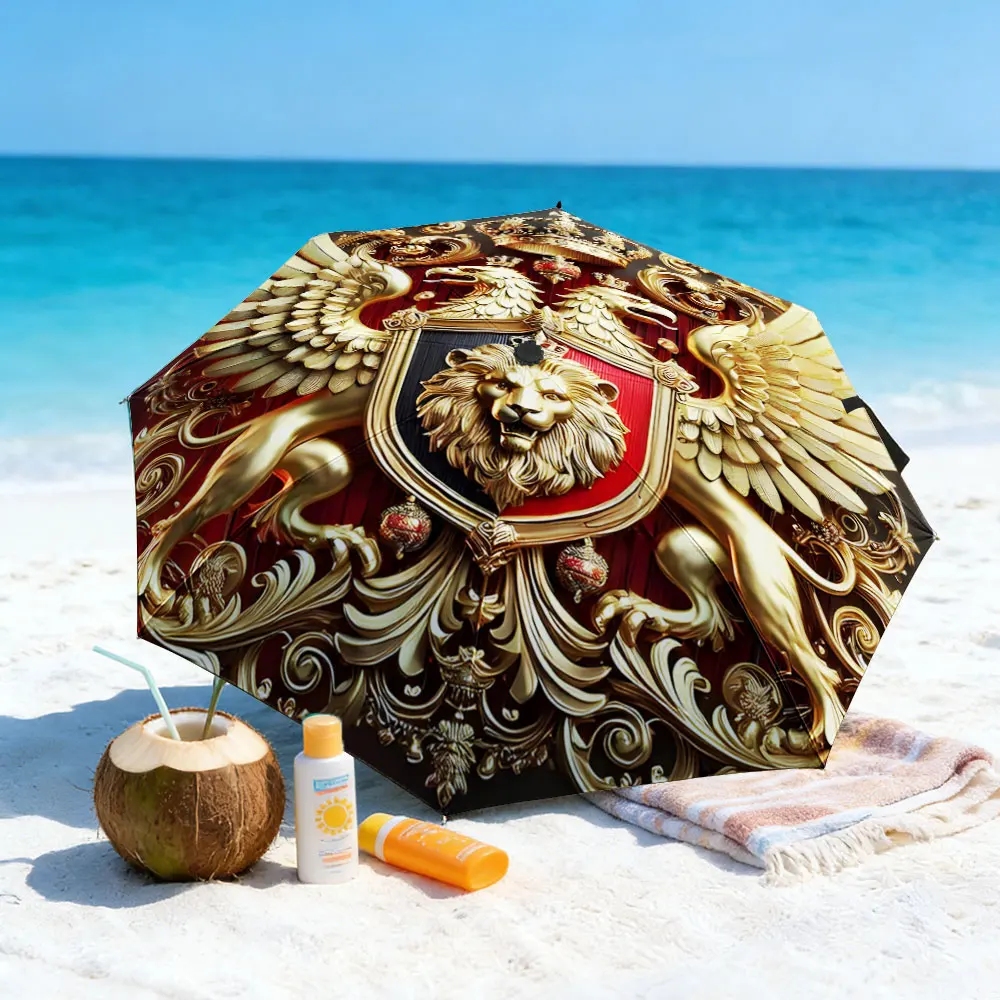 1PC Majestic Lion Crest Umbrella by the Lakeside Print 8 Iron Ribs Folding Umbrella Auto-Open Fashion Sunshade