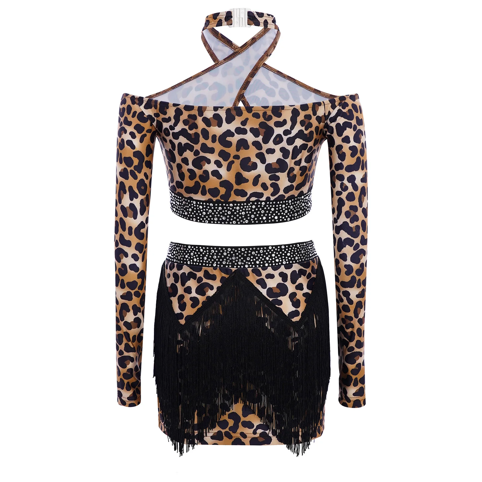 

Kids Girls Leopard Print Latin Dance Cha Cha Samba Outfit Halter Long Sleeves Thumbholes Crop Top with Rhinestone Tassels Skirt