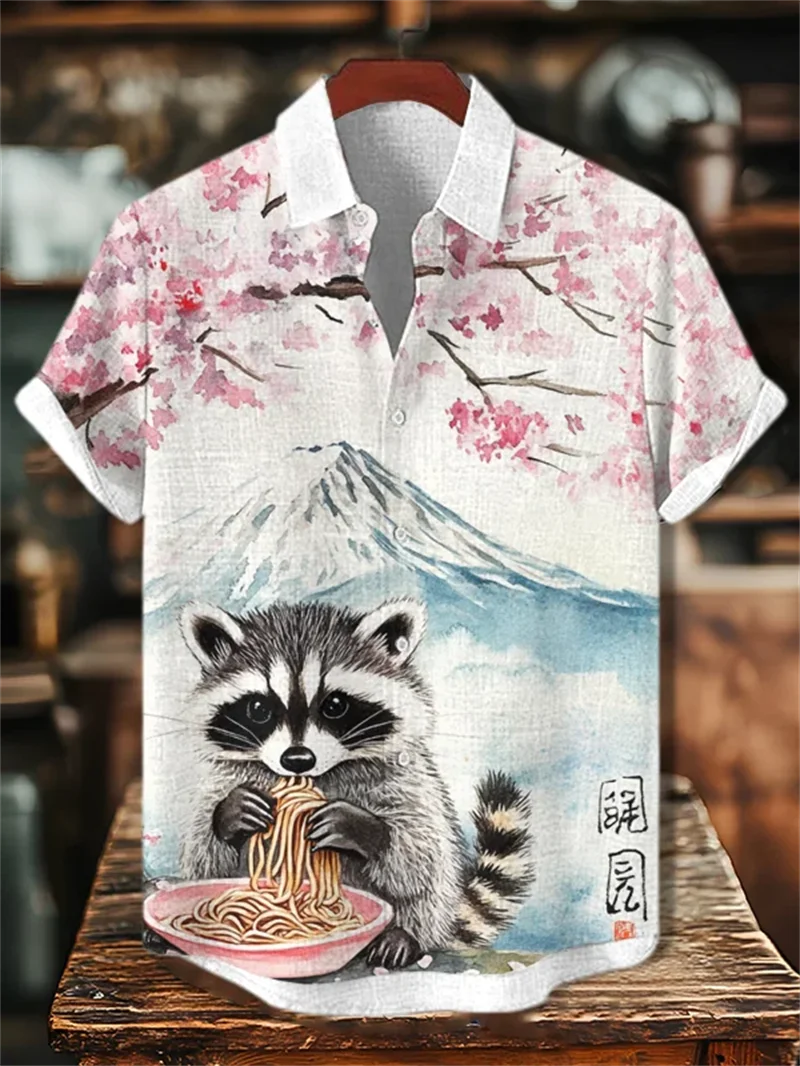 New blue high-definition pattern men's short sleeved shirt fish pattern casual short sleeved linen top Hawaiian shirt