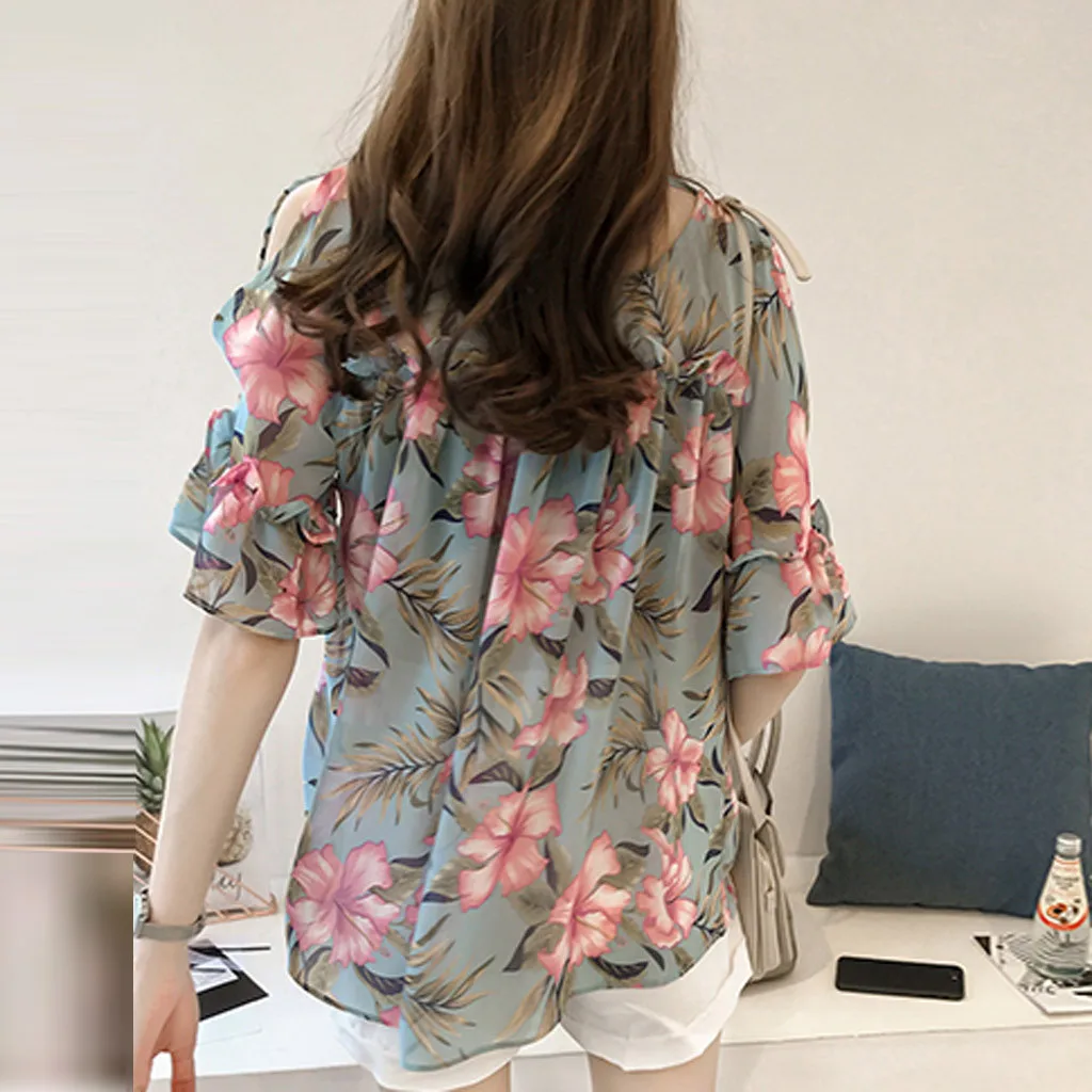 Women Summer Casual Tops Chiffon Off-the-shoulder V-neck Loose Fashion Puff Sleeves Printed Ruffle Top Elegant Ladies shirts