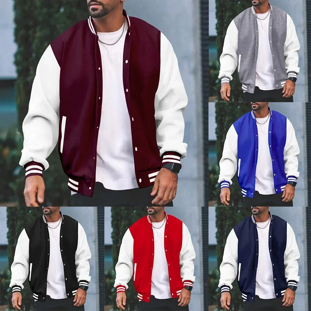 

Men Classic Thin Fleece Baseball Jacket Fashion University Varsity Splicing Coat Stand Collar Long Sleeve