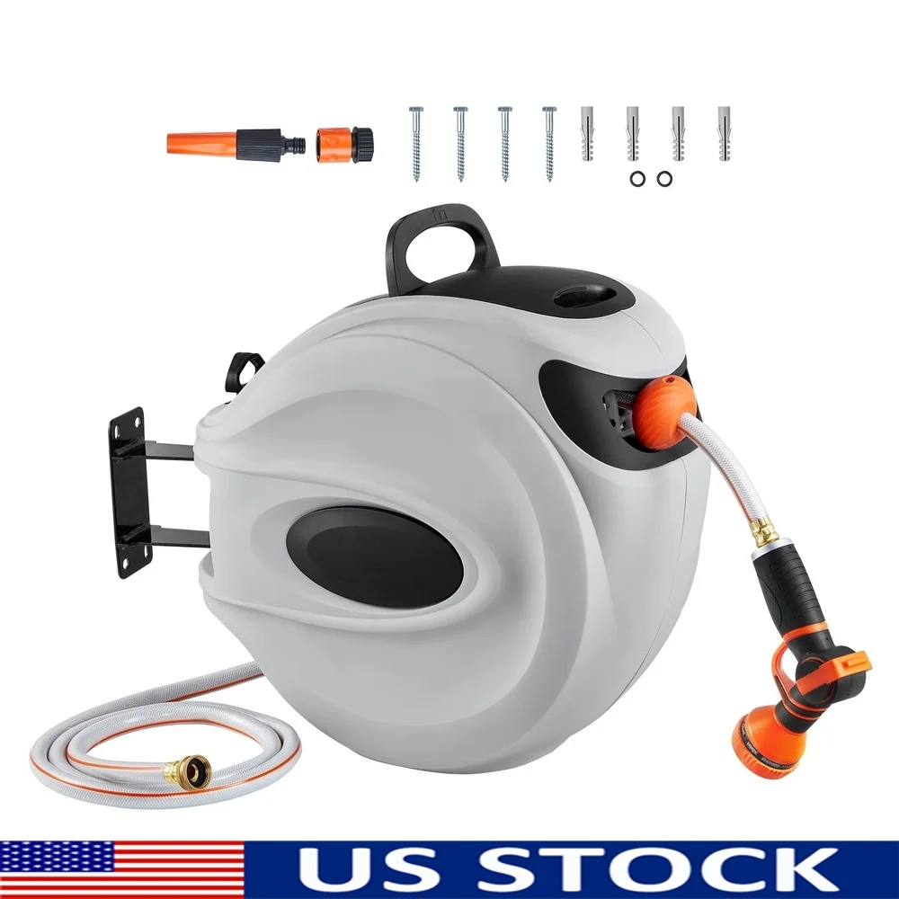 

Wall-Mount Retractable Hose Reel 100ft 1/2in Auto Rewind 9-Pattern Nozzle 180° Rotation Durable Locking System Garden Watering