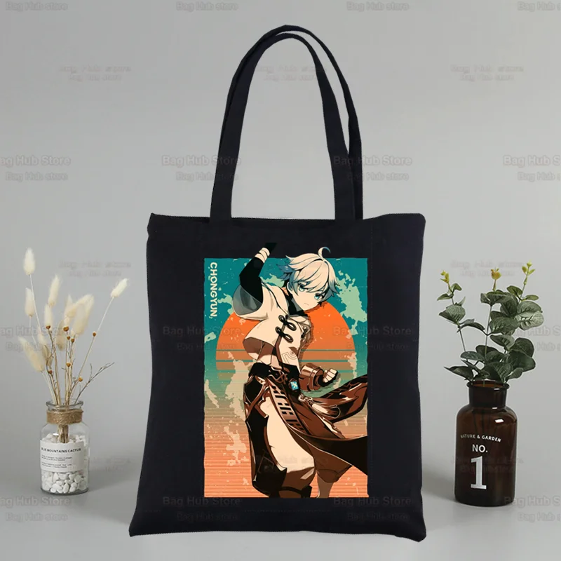 Genshin Impact Black Canvas Tote Bolsas, Unisex, Xiao Venti, Hu Tao, Uso diário, Zhong Li Raiden Shogun, Viagem, Compras