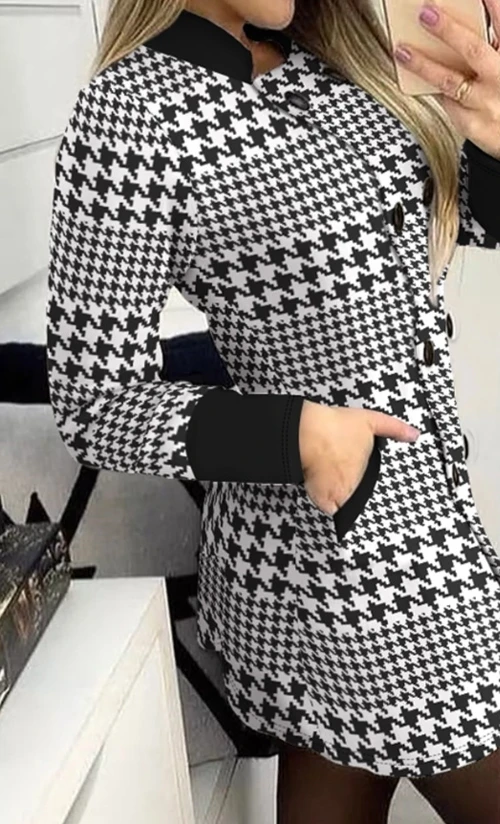 Women\'s Contrast Paneled Houndstooth Print Pocket Design Coat Autumn Fashion Double Breasted Stand Collar Long Sleeve Long Coat