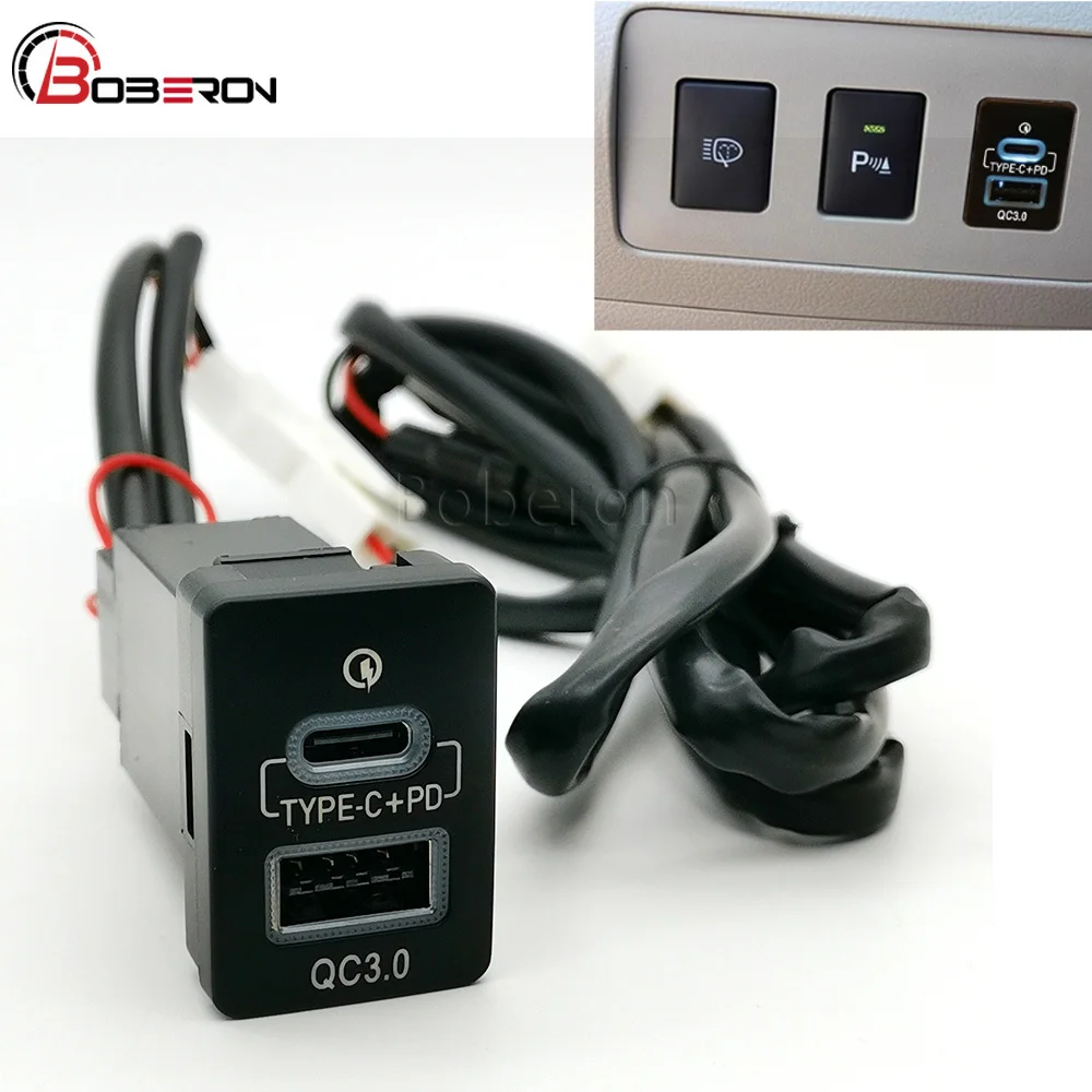 Blue LED QC3.0 USB Car Dual Charger Type C PD Phone Charge Interface Socket Cable Accessories Fit for Toyota 12V/24V