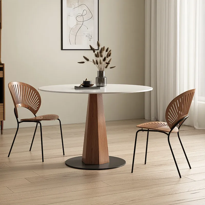 Round rock slab dining table household small apartment solid wood simple pure white dining table retro round table negotiation t