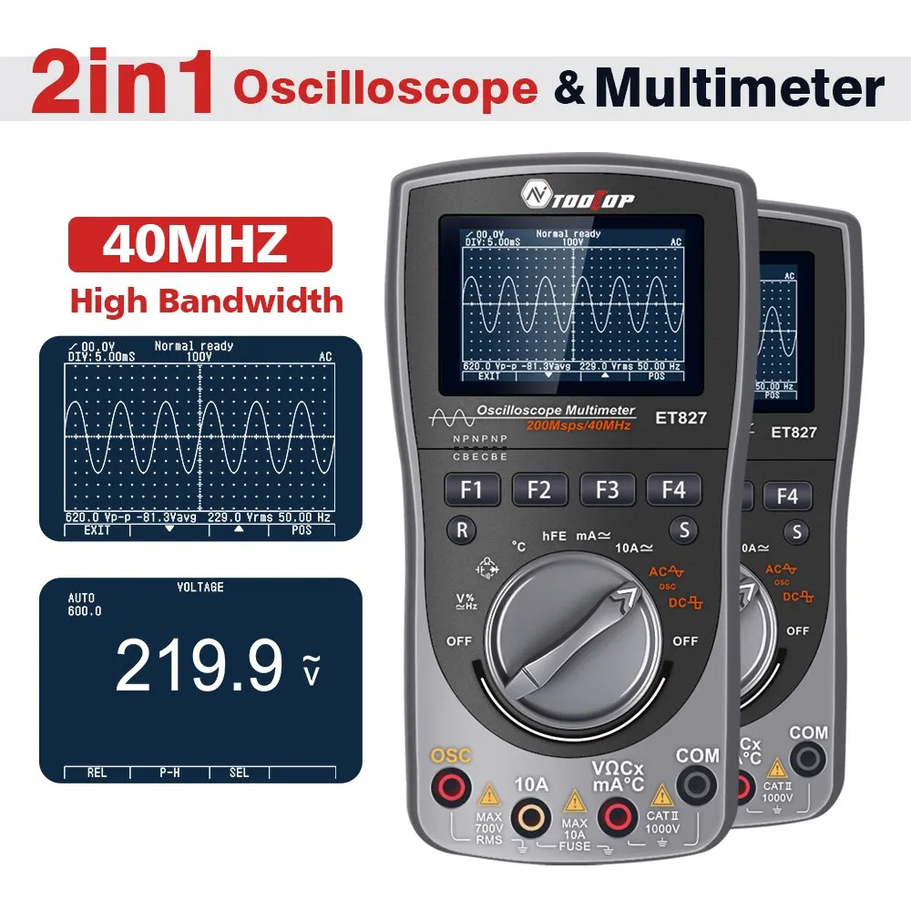 TOOLTOP ET827 Handheld 40MHz Oscilloscope Multimeter 2in1 Transistor HFE Temp Frequency Capacitance Ohm Voltage Current Test