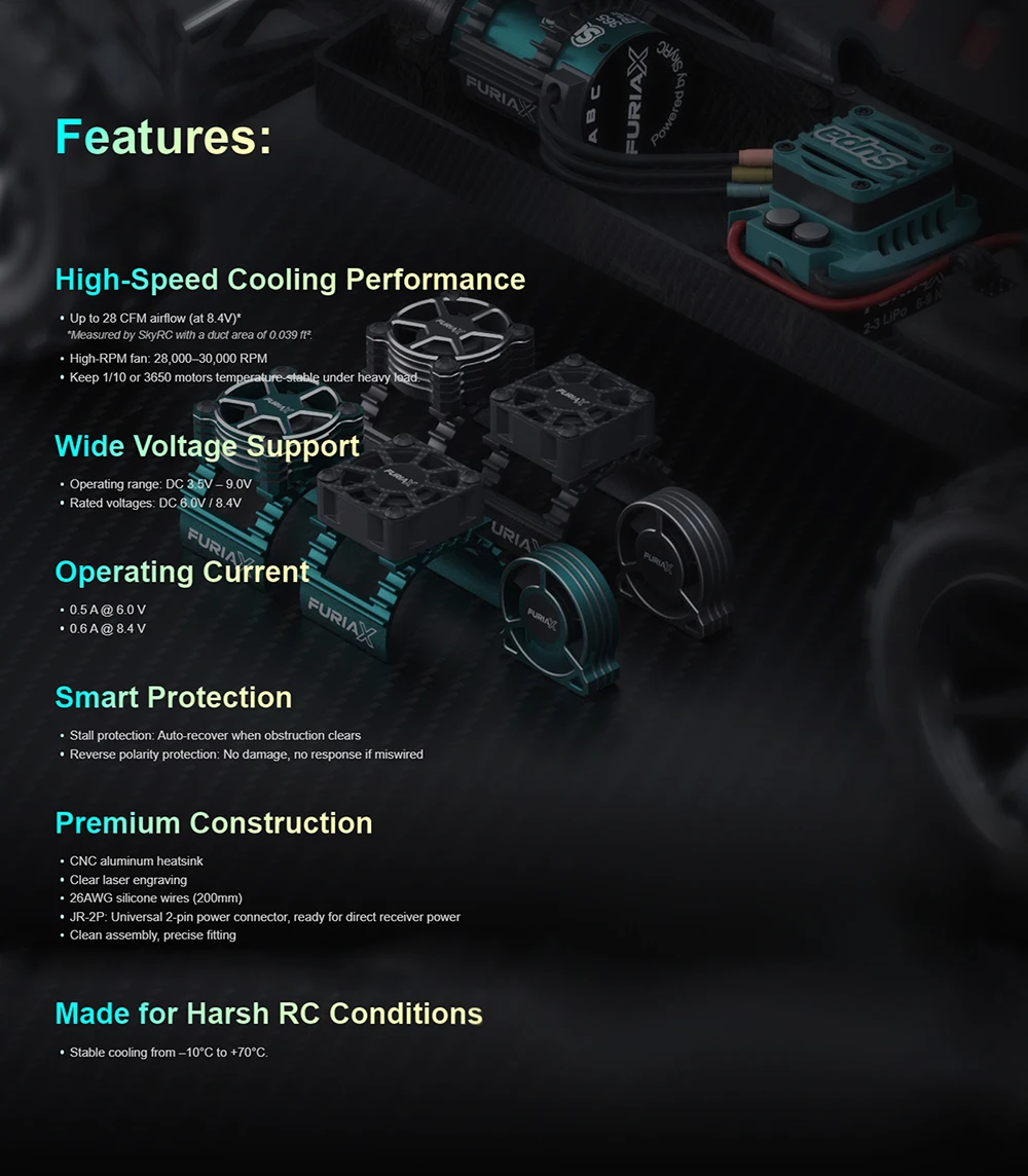 SKYRC Metall-Lüfter, 28000–30000 U/min, CNC-Aluminium, 8,4 V, FuriaX CoolSink Pro Lüfter-Set für 1/10 3650 Motoren, ferngesteuertes Auto – Detail 9