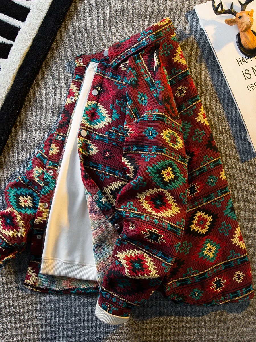 Men's Retro Ethnic Embroidered Shirt Jacket Fall Boho Tribal Woven Long Sleeve Oversized Hippie Shirt Vintage Casual Outerwear