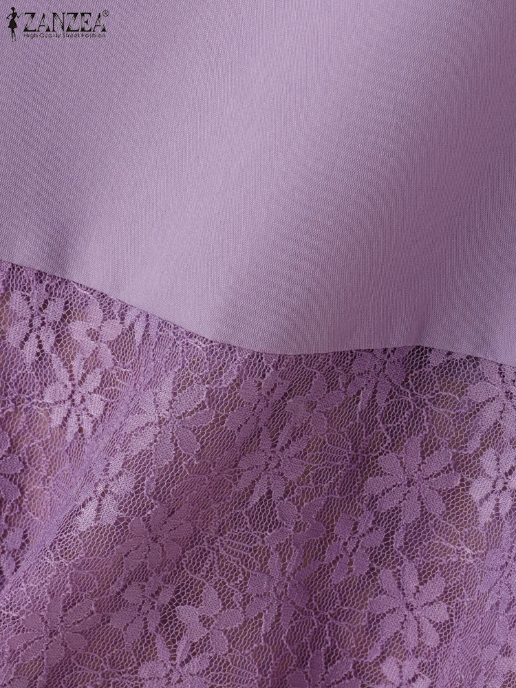 ZANZEA الصيف أزياء من الدانتل تول هيم تي شيرت امرأة أنيقة س الرقبة قصيرة الأكمام بلون تيز ملابس يومية غير رسمية التنقل القمم