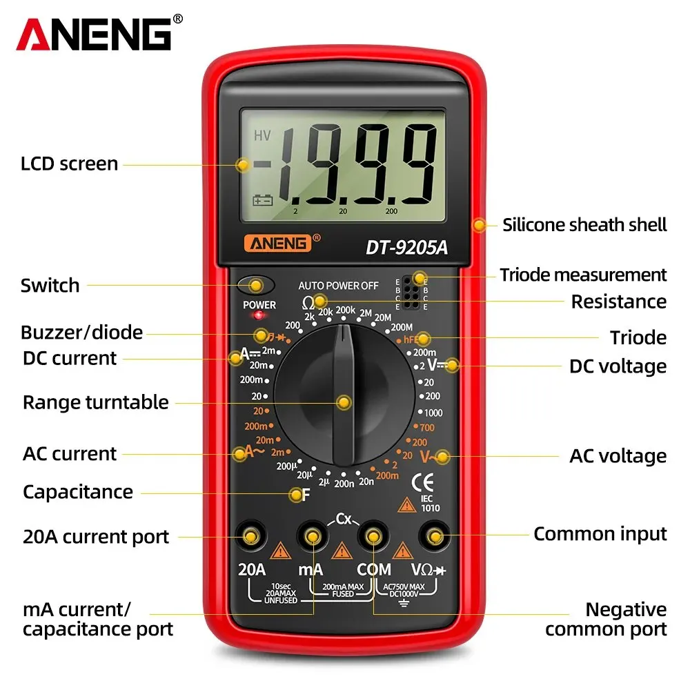 ANENG DT9205A Digital Multimeter AC/DC Transistor Electrical NCV Tester Meter Profesional Analog Auto Range Multimetro Tools