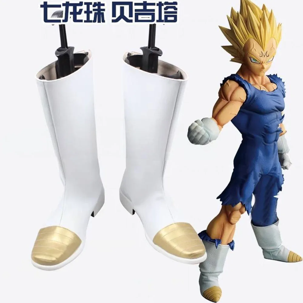 Dragon Ball Z Vegeta Cosplay Footwear White Gold Knee-High Pu Leather Cosplay Boot for Anime Exhibition Fancy Dress Themed Party