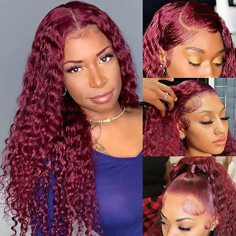 

13x6 HD Lace 99J Burgundy Curly Frontal Human Hair Wig Deep Wave 100% Colored Brazilian Pre Plucked Wigs For Women 220 Density