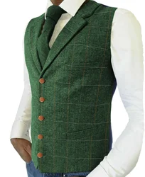 Chalecos verdes para hombre, chaleco informal a cuadros, traje para hombre, vestido de boda, chalecos, traje con cuello a medida de Tweed en espiga de lana