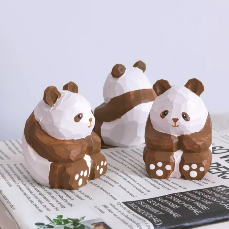 Giant Panda Wood Carving Plush Style Statue Car Interior Accent Workspace Decor Handmade Wooden Craft Ornament Nature Theme Gift