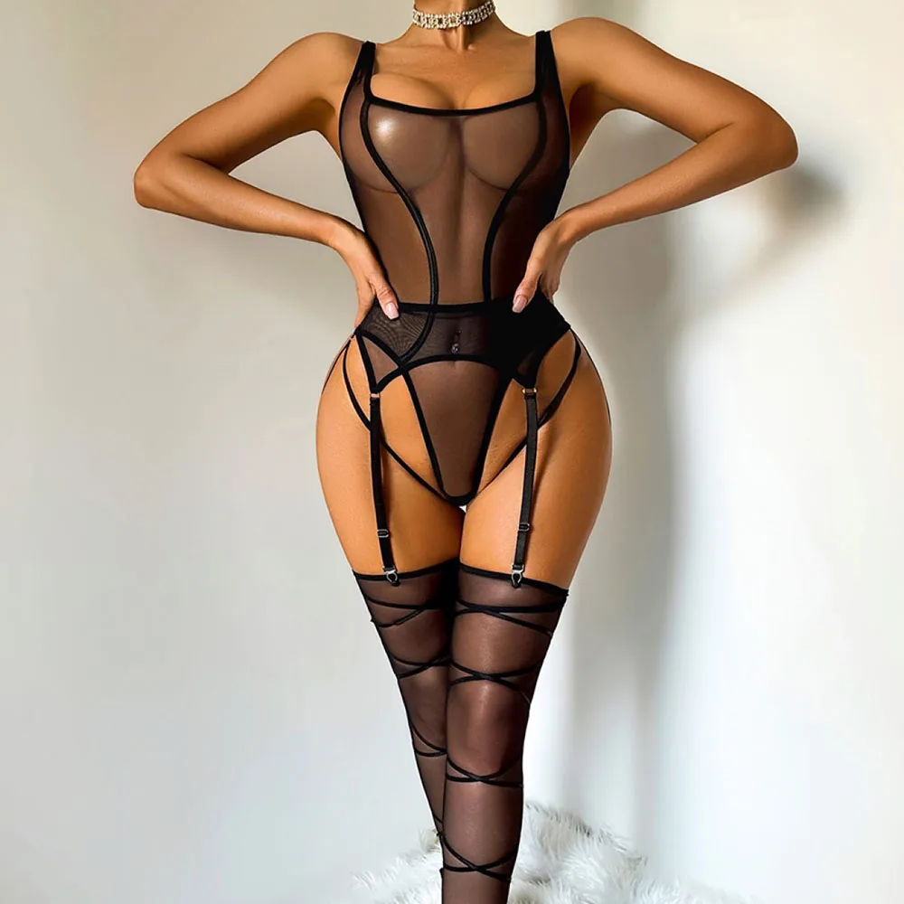 Sexy Lingerie Set See-through Mesh Seductive Bodysuit with Stockings Transparent Bodysuit Garter Romantic Underwear Outfits